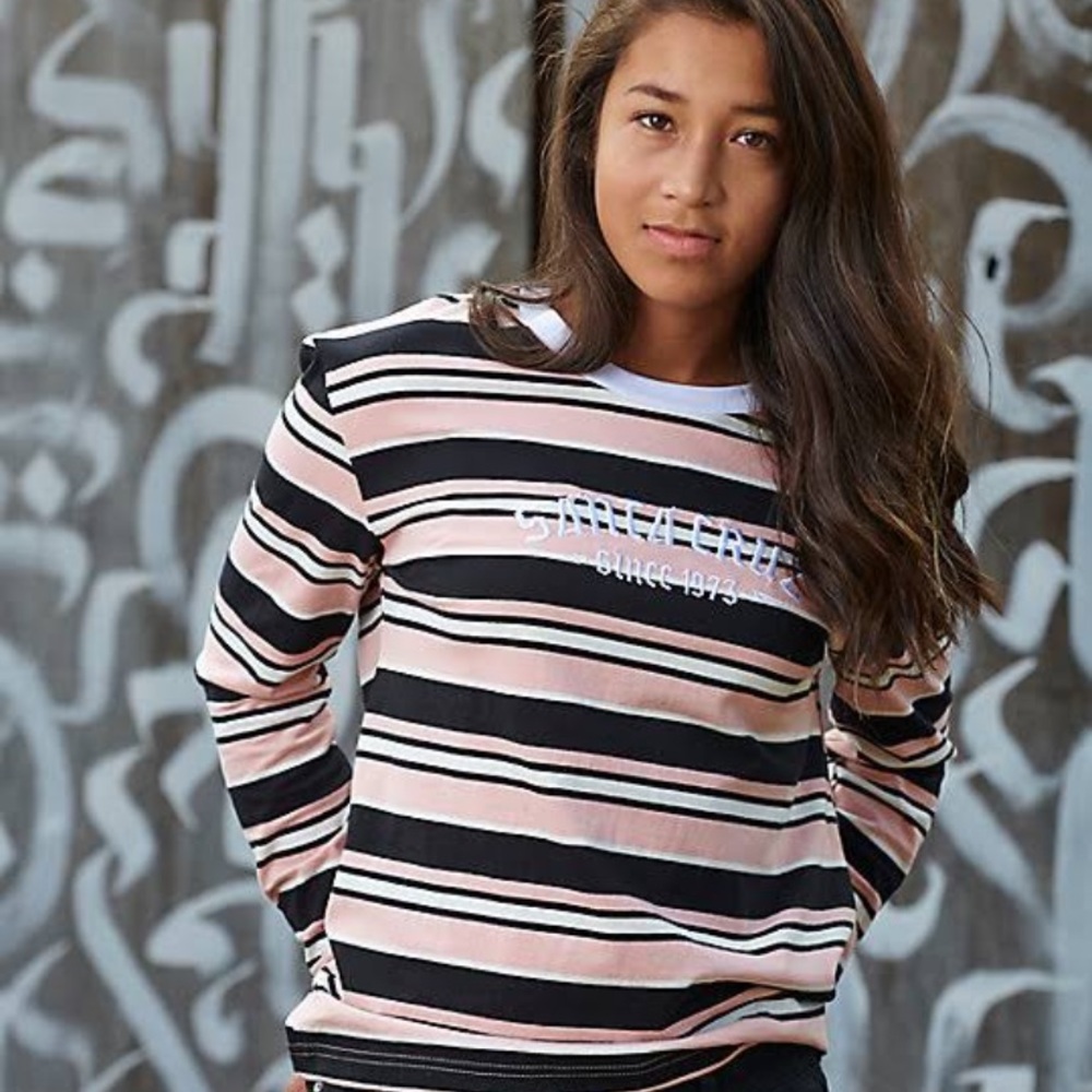 Santa Cruz Skateboards Black and Pink Striped Long Sleeve Tee